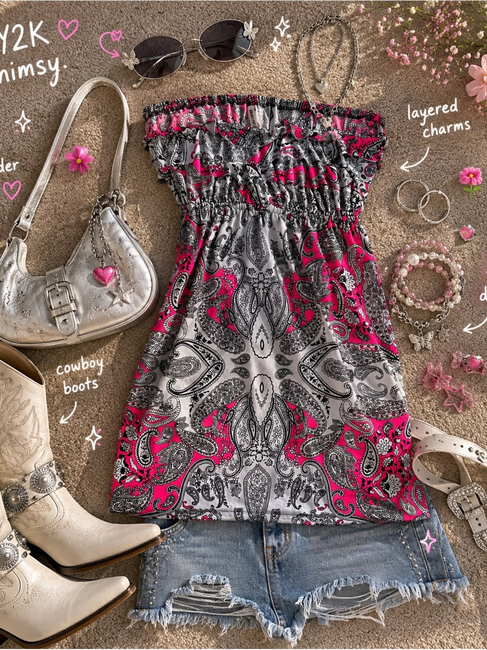 🩷 Y2K Pink Paisley Strapless Tube Dress Boho Festival Mini Dress